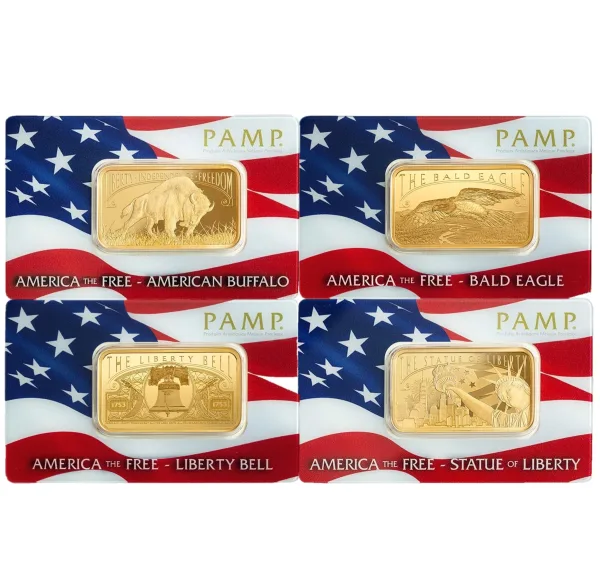 1 oz PAMP Suisse America The Free Statue of Liberty, American Buffalo, Liberty Bell or Bald Eagle Gold Bar (In Assay)
