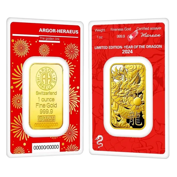 2024 Year Of The Dragon 1 oz Argor Heraeus Gold Bar (In Assay)